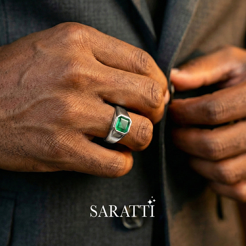 Mens emerald wedding ring handcrafted bezel set emerald ring in 18K white gold | SARATTI