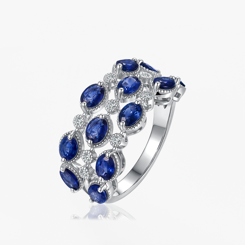 Genuine Blue Sapphire & Diamonds 18K White Gold Ring - SARATTI JEWELRY