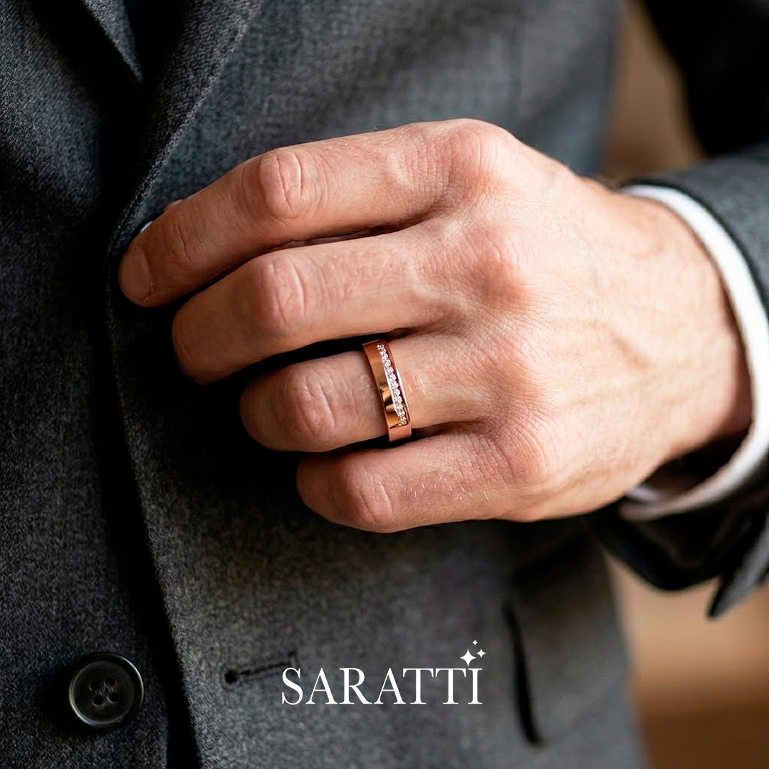 Thin mens wedding band half eternity diamond detail in 18K rose gold | SARATTI