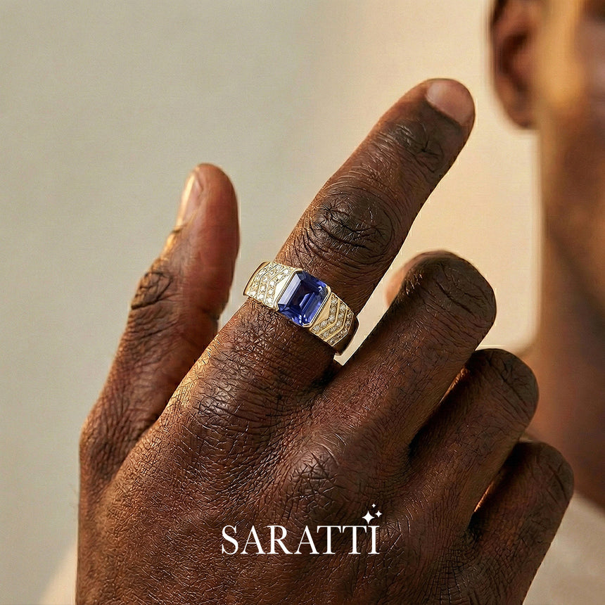 Mens ring with tanzanite and diamonds emerald cut center stone detail in 18K yellow gold | SARATT