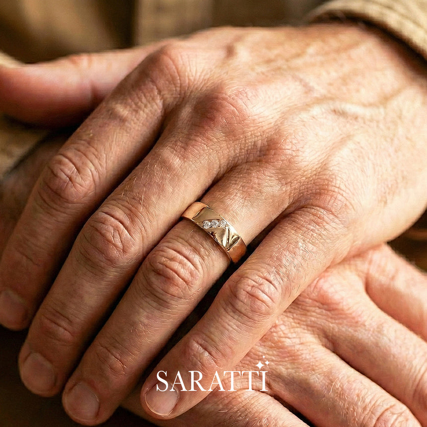 4mm mens wedding band triangular design diamond detail in 18K rose gold | SARATTI