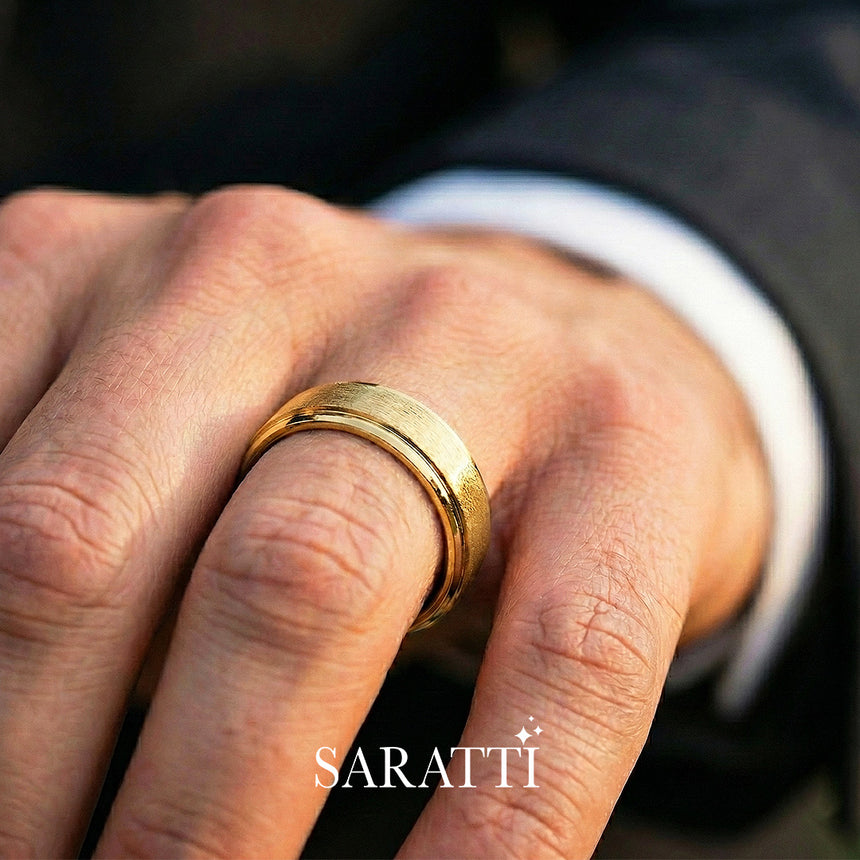 Two tone mens wedding band worn on hand in 18K yellow gold | SARATTI