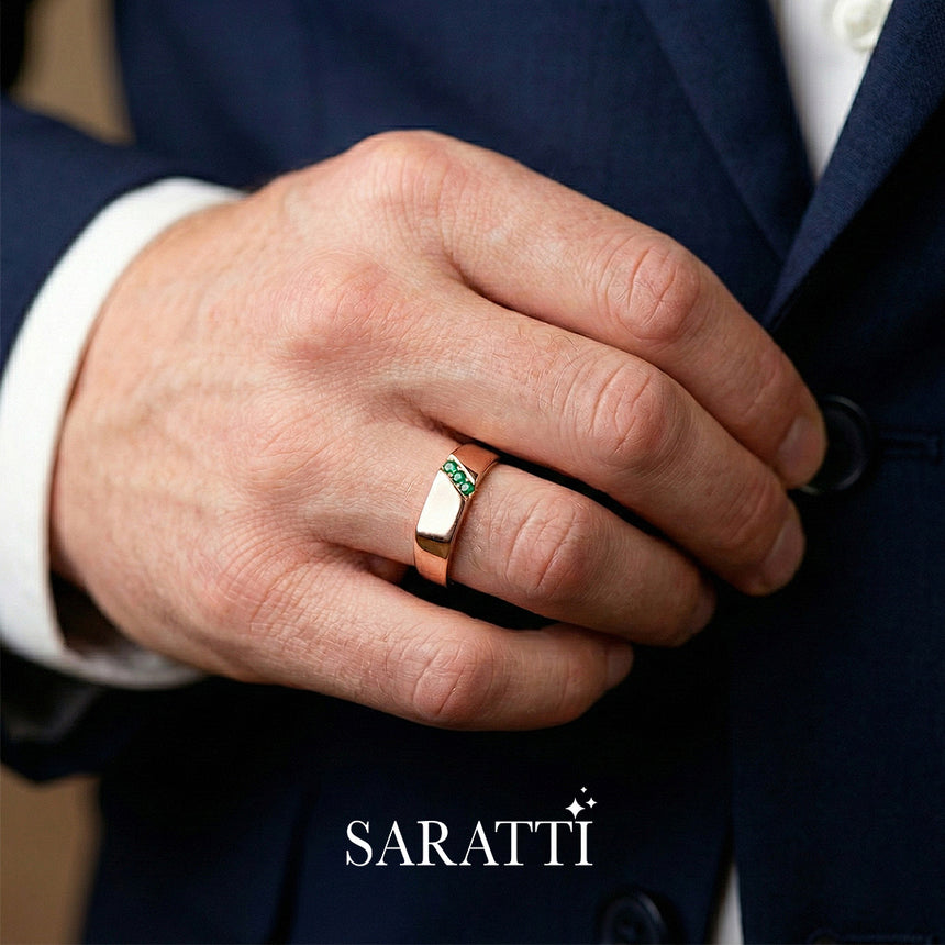 Mens emerald ring round emerald channel set detail in 18K rose gold | SARATTI