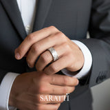 Two Tone mens wedding band engraved craftsmanship detail in 18K white gold | SARATTI