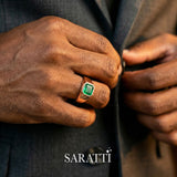 Mens emerald wedding ring handcrafted bezel set emerald ring in 18K rose gold | SARATTI