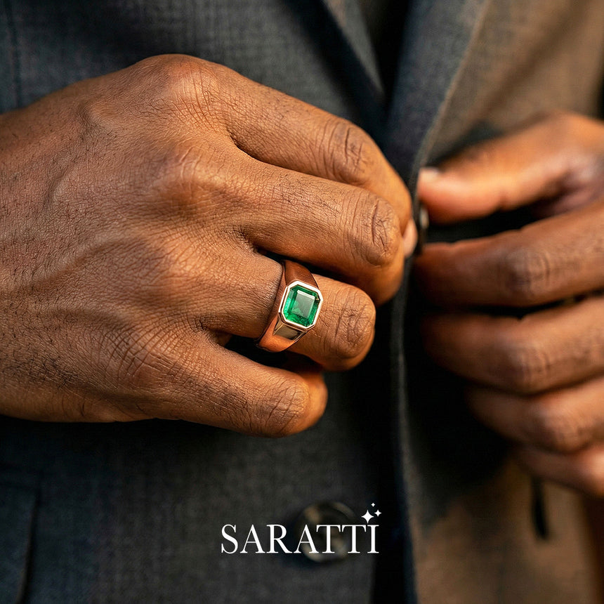 Mens emerald wedding ring handcrafted bezel set emerald ring in 18K rose gold | SARATTI
