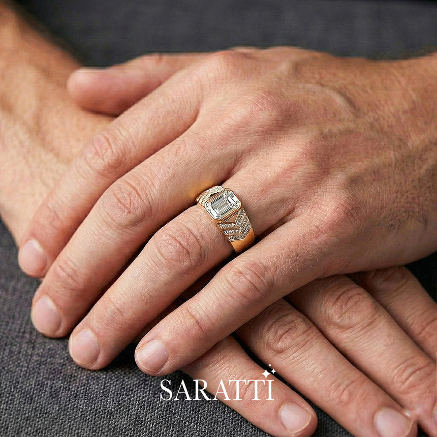 Emerald cut diamond wedding band handcrafted tension set diamond ring in 18K rose gold | SARATTI