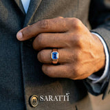 Mens sapphire wedding band blue sapphire center stone detail in 18K rose gold | SARATTI