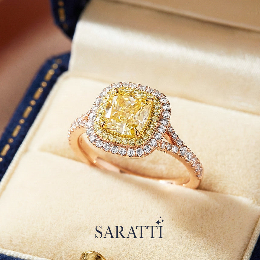 Cushion Fancy Yellow Split Shank diamond ring in jewelry box luxury handcrafted ring in 18K rose gold | SARATTI