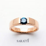 Blue mens wedding band round blue diamond tension set detail in 18K rose gold | SARATTI