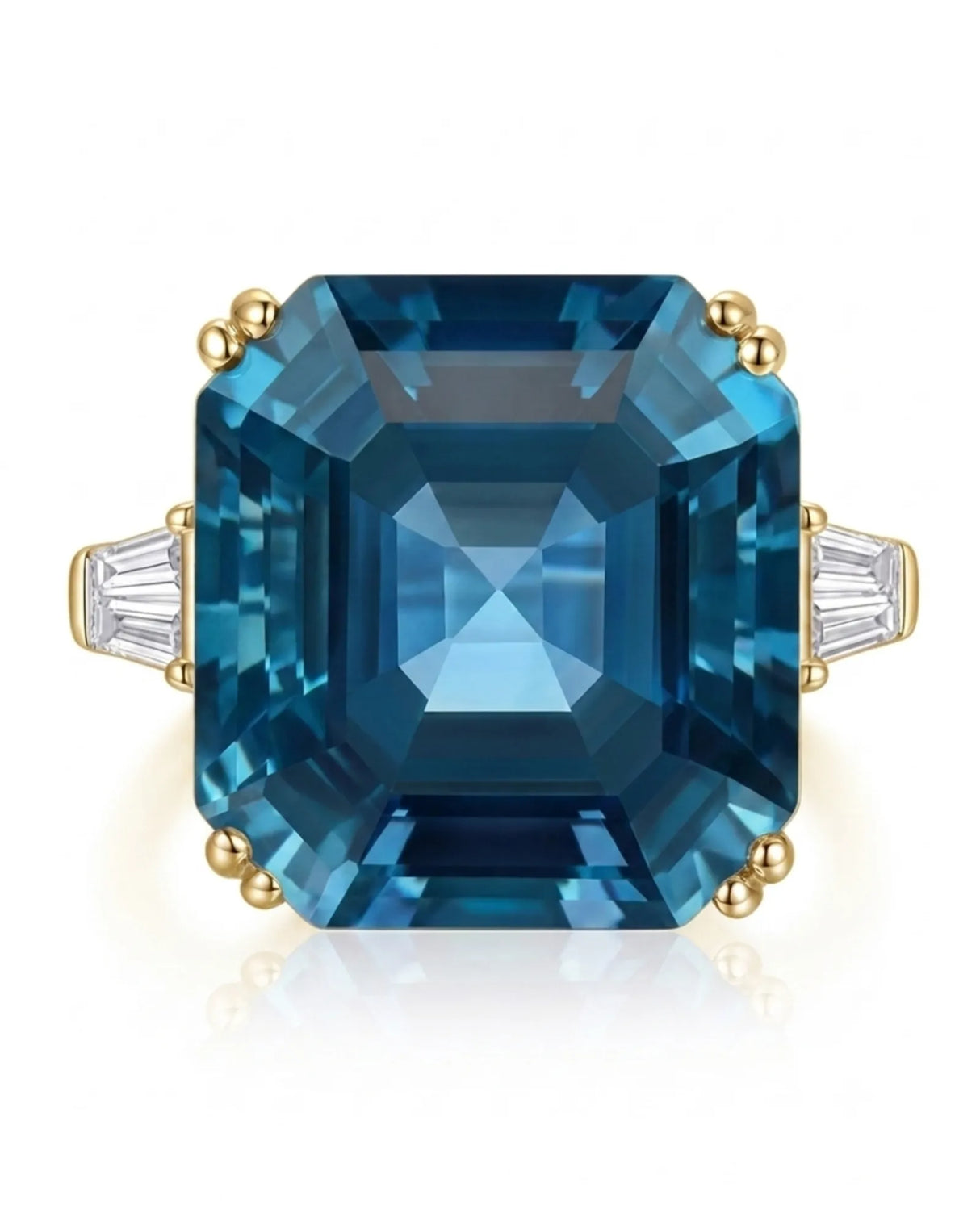 Geometric Asscher topaz ring with clipped corners and baguette diamond sides in 18K yellow gold | SARATTI