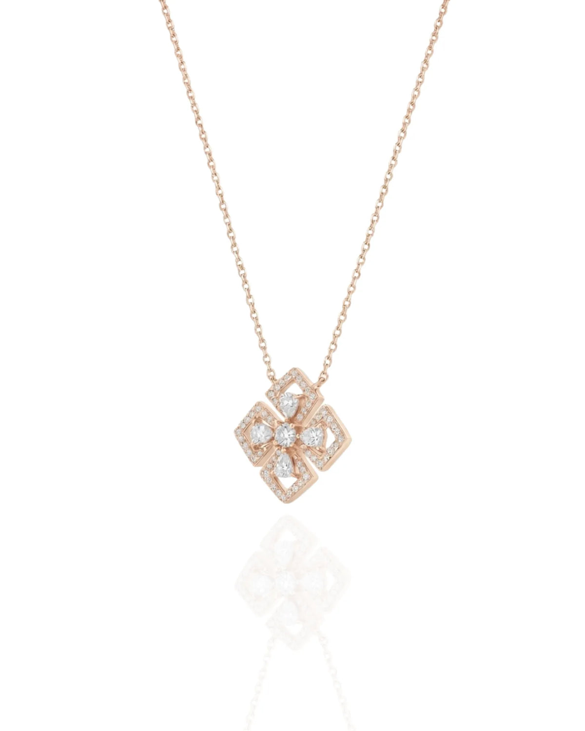 Geometric floral pendant necklace in 18K Rose Gold with diamond accents | SARATTI