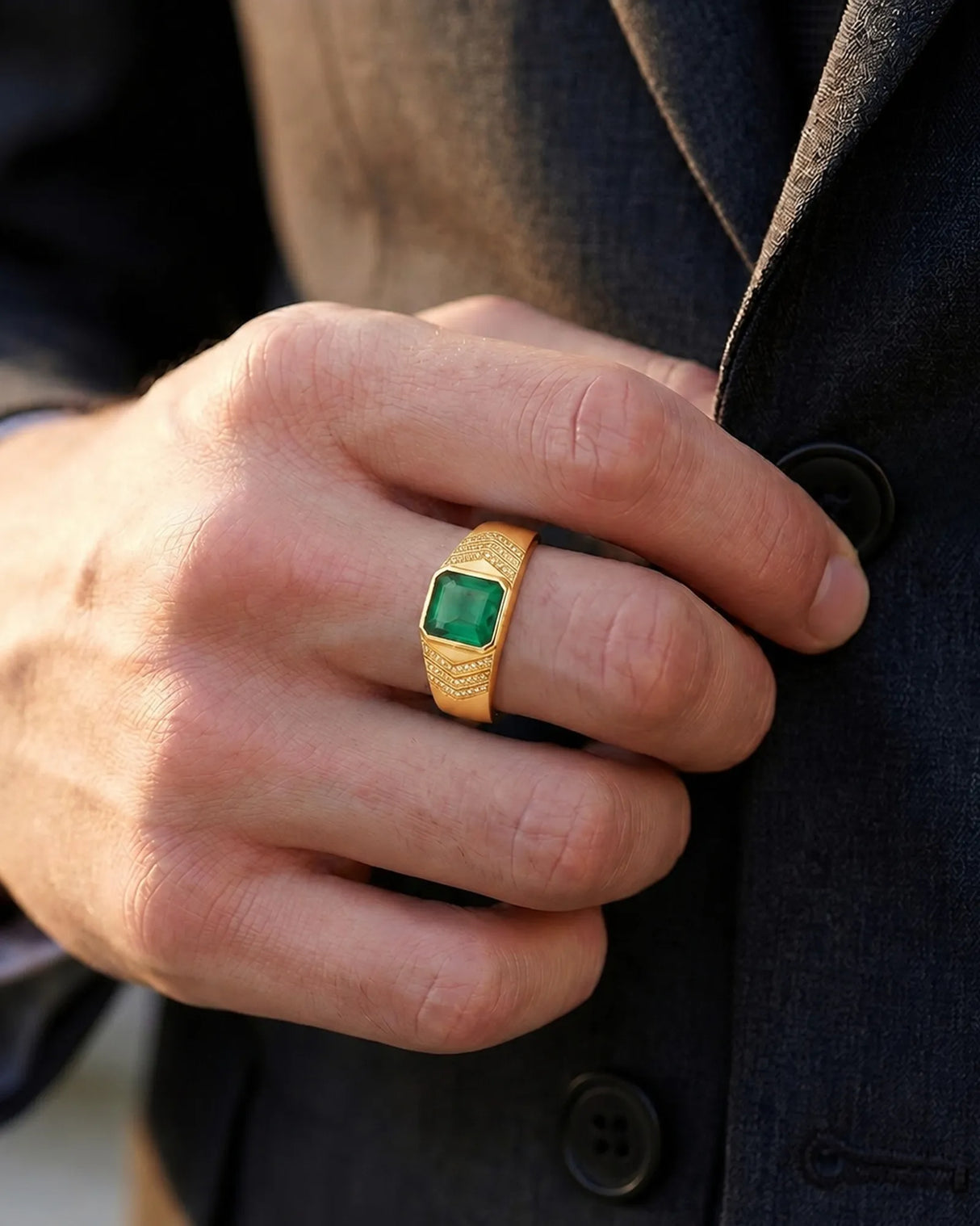 Geometric men’s emerald ring with angular diamond accents and bold yellow gold shield design | SARATTI