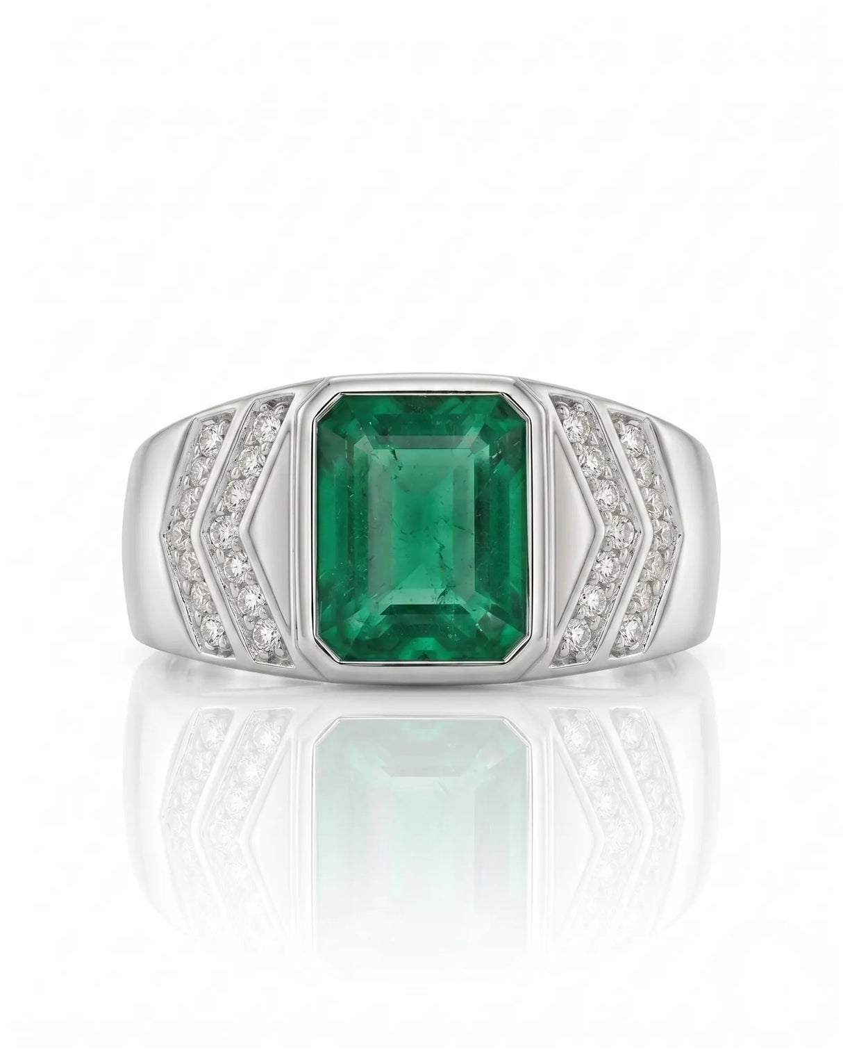Geometric men’s emerald ring with angular diamond accents and refined platinum shield design | SARATTI
