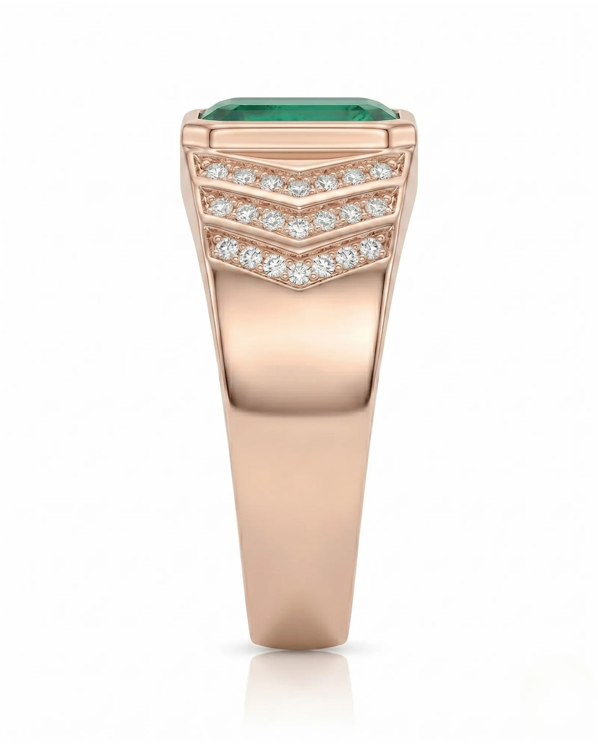 Geometric men’s emerald ring with angular diamond accents and warm rose gold shield design | SARATTI