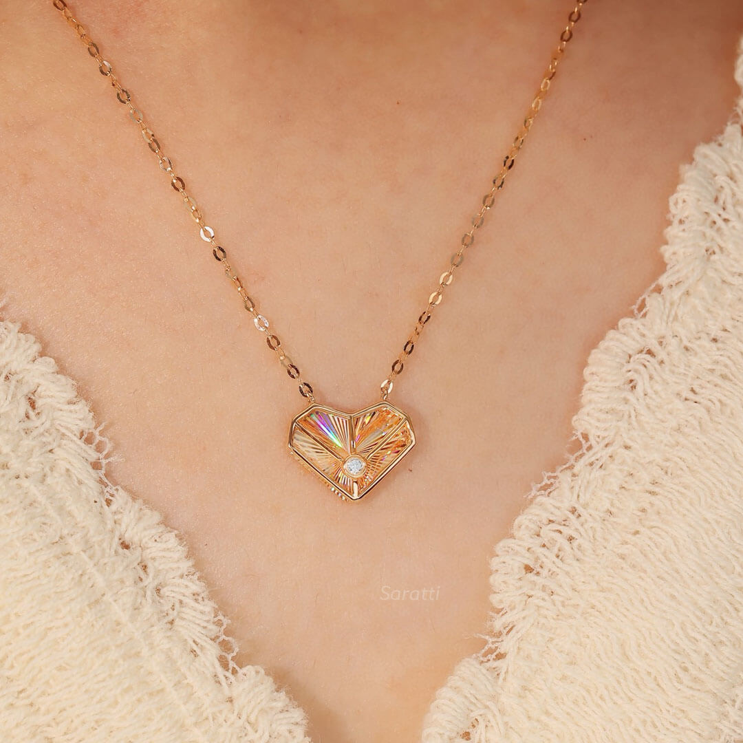 Model wearing 18 K Rose Gold Heart Bezel Set Diamond Necklace | Saratti 
