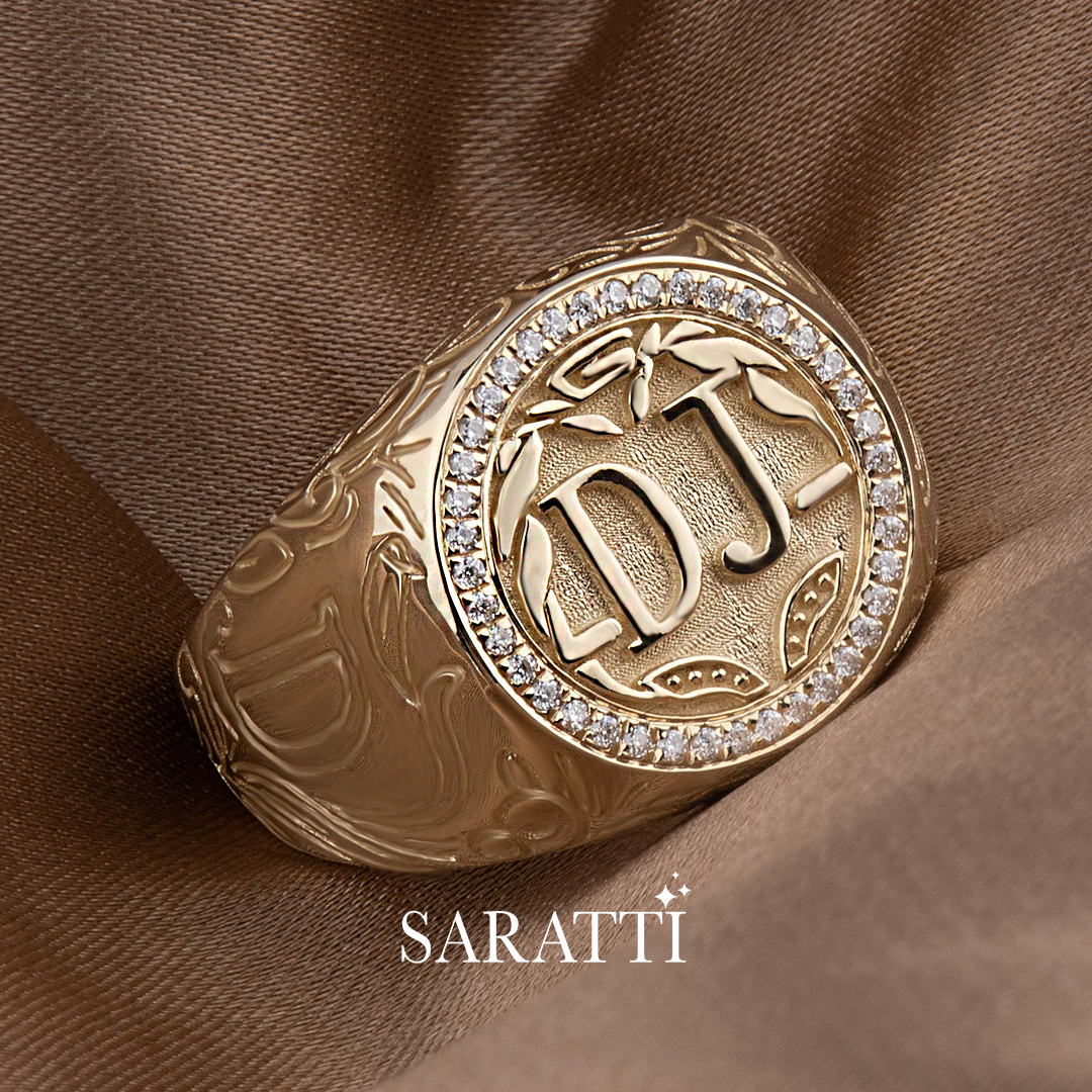 Gold signet ring with custom engraved initials and diamond halo | SARATTI