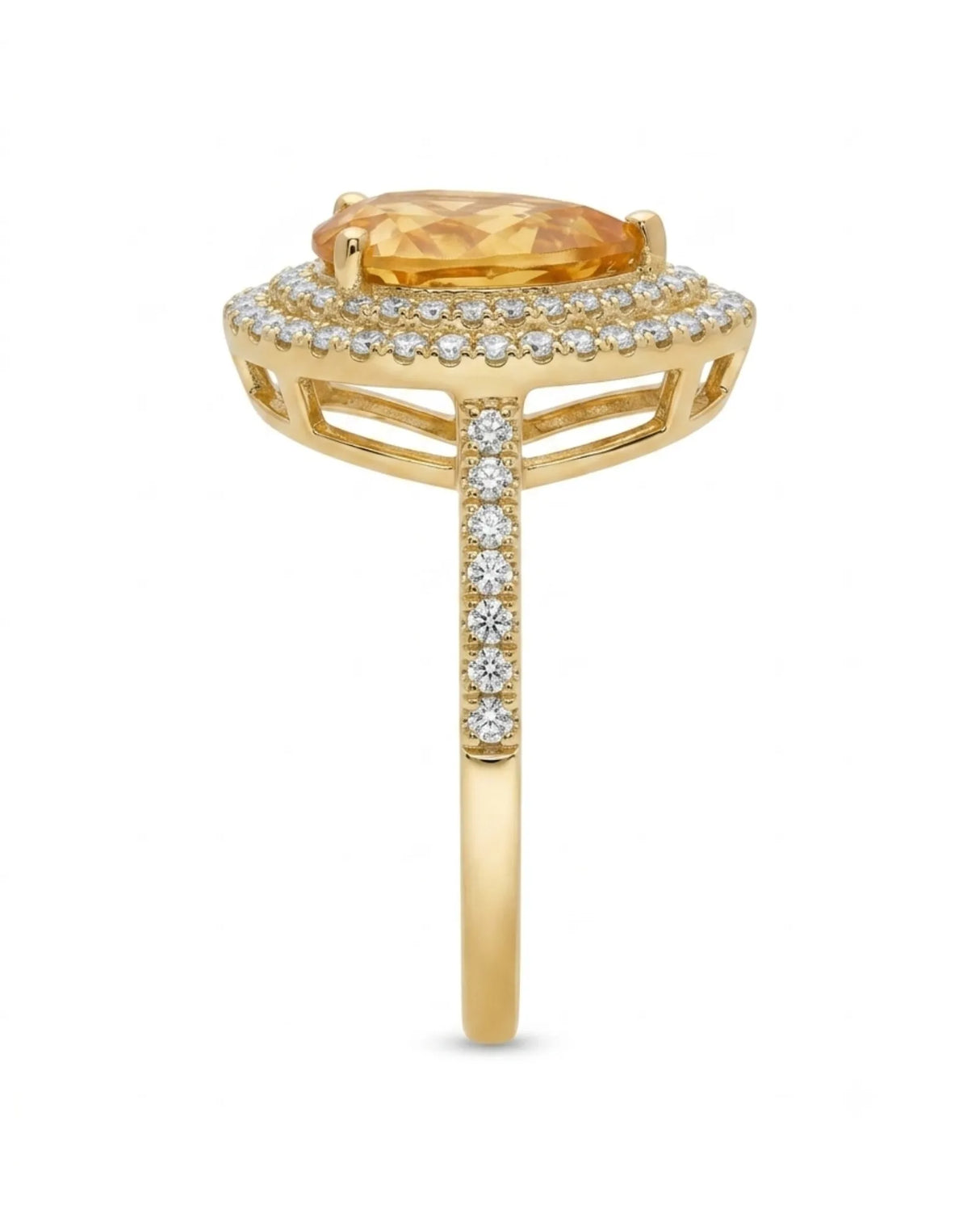 Golden pear-cut citrine surrounded by brilliant diamond halos in a polished 18K yellow gold ring - SARATTI