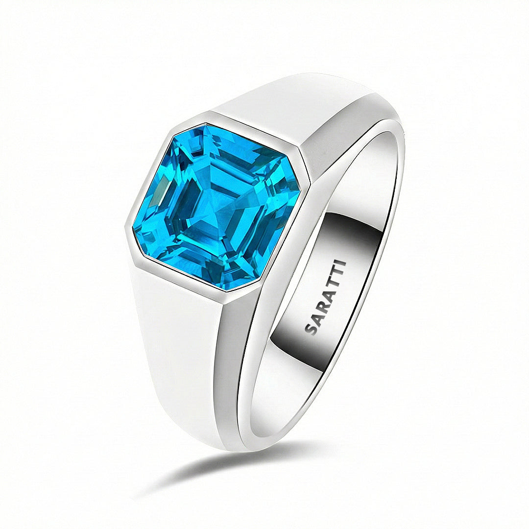 Mens blue topaz ring luxury statement ring in 18K white gold | SARATTI