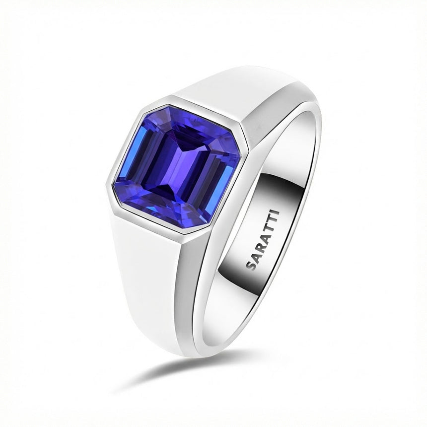 Mens tanzanite ring luxury statement ring in 18K white gold | SARATTI