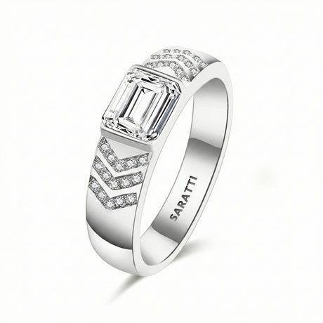 Emerald cut diamond wedding band luxury tension set ring in 18K white gold | SARATTI