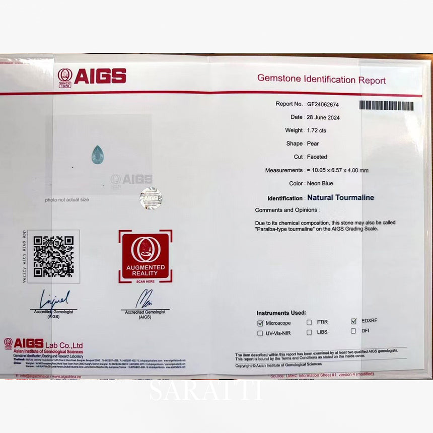 AIGS Certified Paraiba-Type Tourmaline 1.72ct | SARATTI