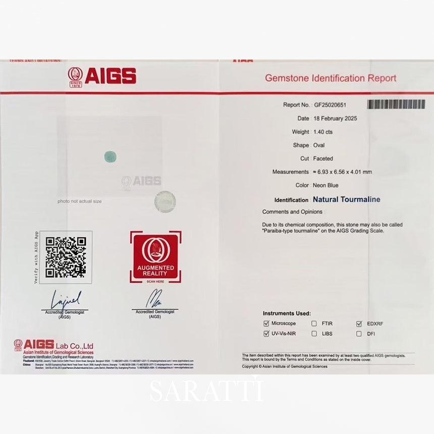 AIGS Certified Paraiba-Type Tourmaline 0.73ct | SARATTI