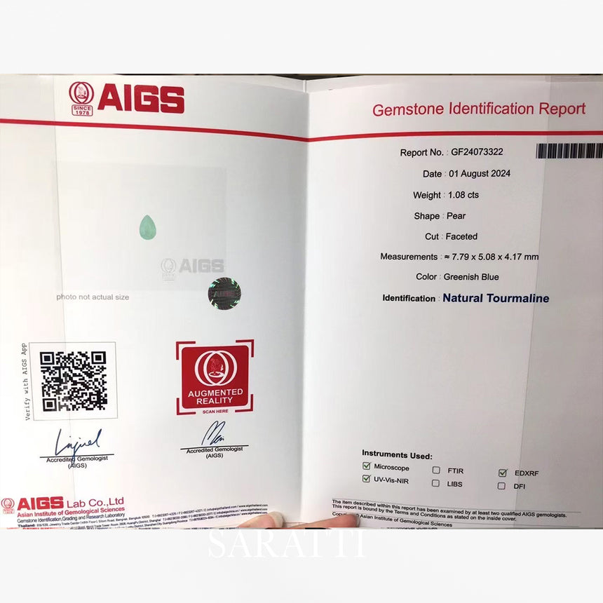 AIGS Certified Greenish-Blue Tourmaline 1.08ct | SARATTI