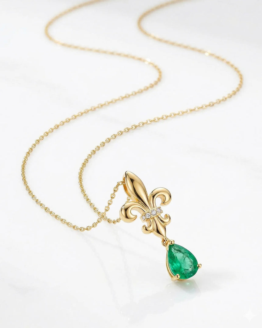 Natural emerald necklace with fleur de lis pendant design | SARATTI
