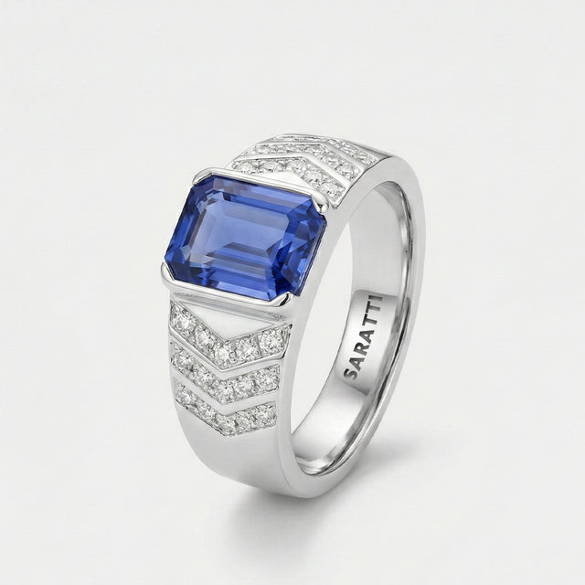Mens ring with tanzanite and diamonds luxury statement ring in 18K white gold | SARATTI