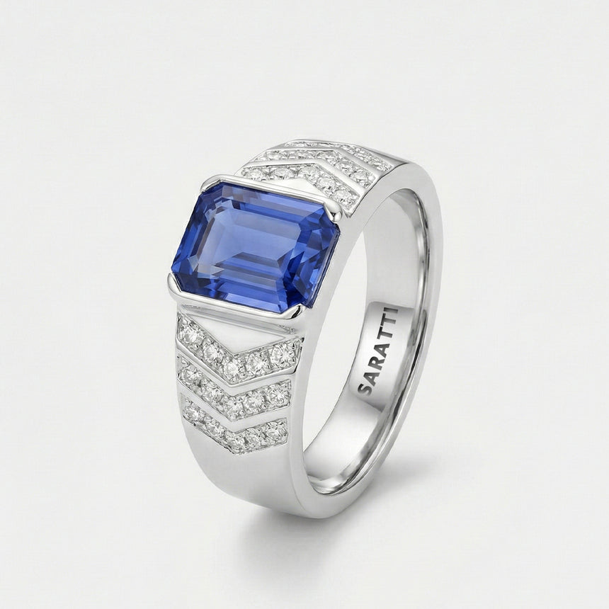 Mens ring with tanzanite and diamonds luxury statement ring in 18K white gold | SARATTI
