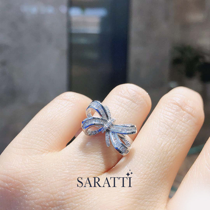 Baguette Diamond Engagement Ring Ribbon Design on model | SARATTI