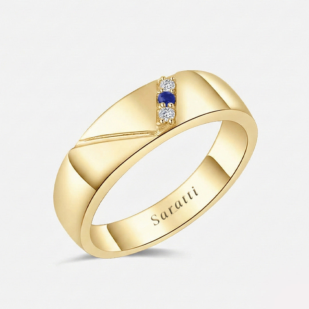 6mm men diamond and sapphire three stone ring luxury jewelry in 18K yellow gold | SARATTI
