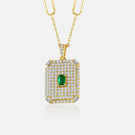 Emerald pavillion pendant in 18K gold with diamond pavé frame | SARATTI