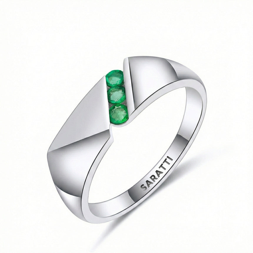 Mens emerald ring luxury three stone channel set wedding band in platinum | SARATTI