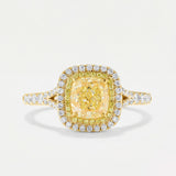 Cushion Fancy Yellow Split Shank diamond ring luxury handcrafted ring on grey background in 18K yellow gold | SARATTI