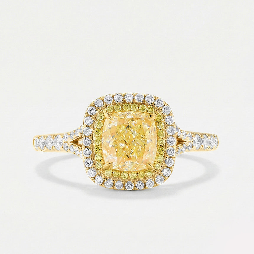 Cushion Fancy Yellow Split Shank diamond ring luxury handcrafted ring on grey background in 18K yellow gold | SARATTI