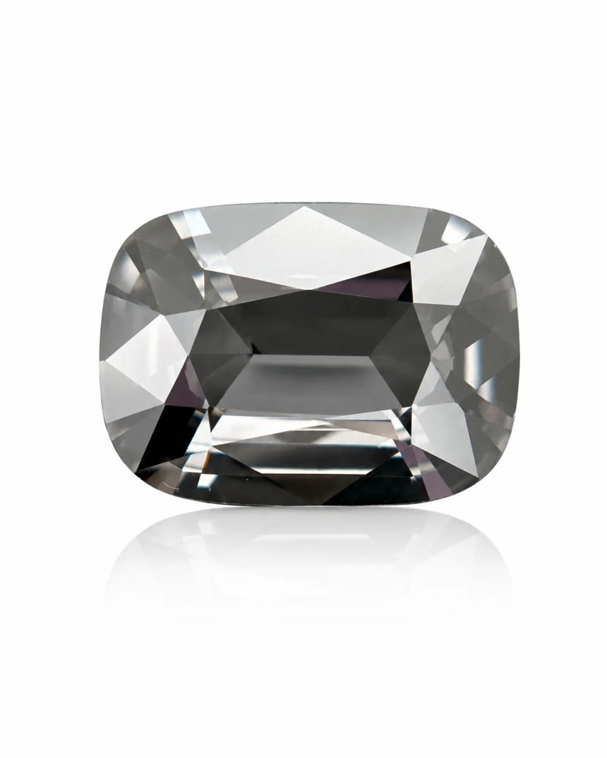 Gray Spinel elongated cushion top view with broad central facets | SARATTI