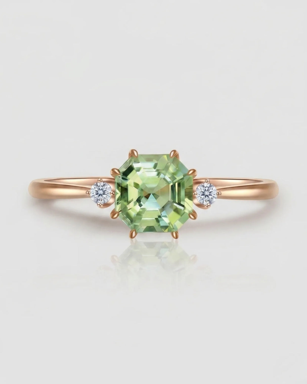 Green Asscher cut tourmaline ring with natural diamond side stones in 18K rose gold | SARATTI