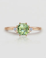 Green Asscher cut tourmaline ring with natural diamond side stones in 18K rose gold | SARATTI