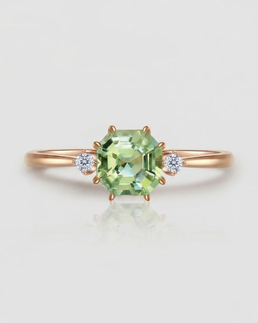 Green Asscher cut tourmaline ring with natural diamond side stones in 18K rose gold | SARATTI