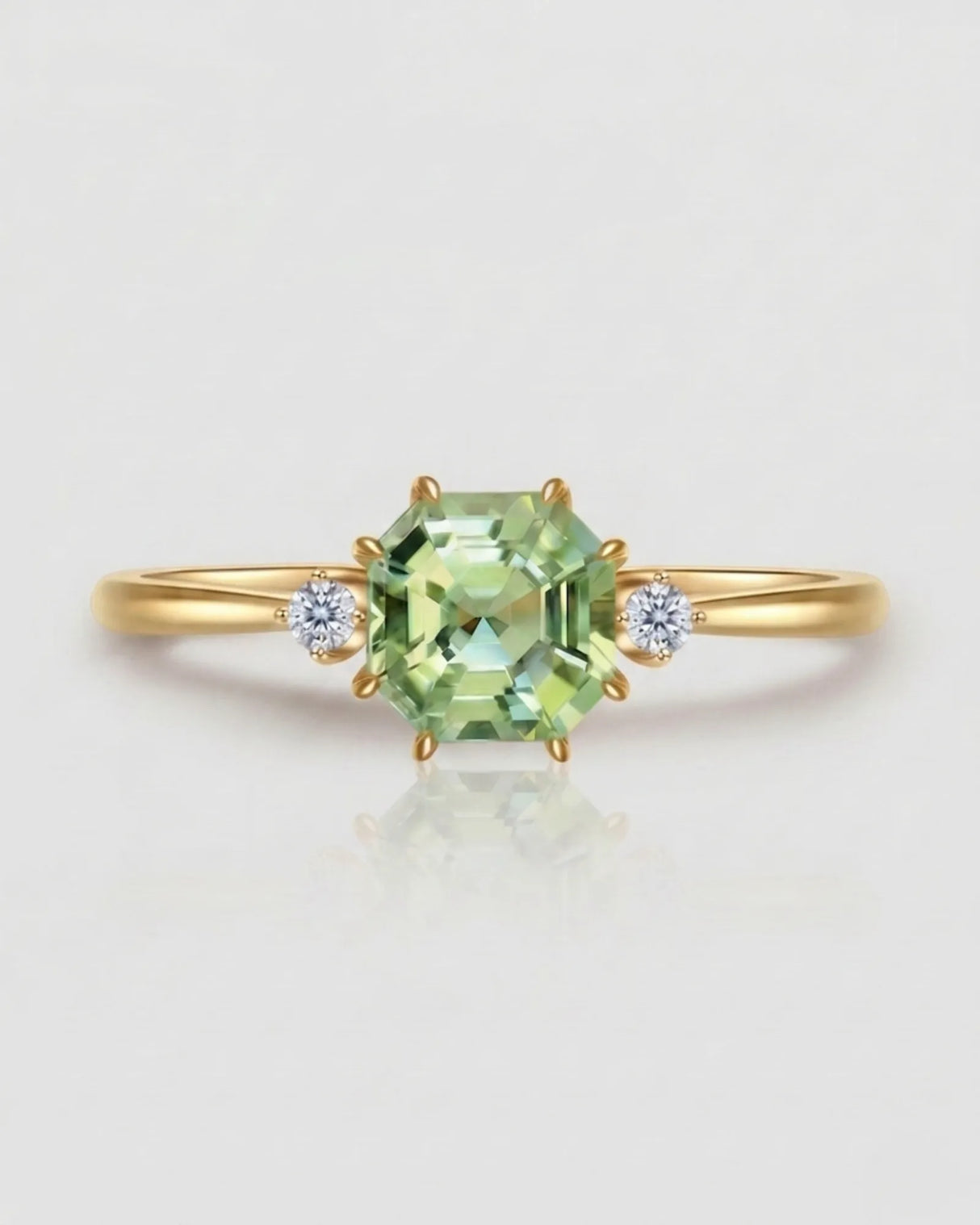 Green Asscher cut tourmaline ring with natural diamond side stones in 18K yellow gold | SARATTI