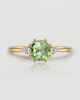 Green Asscher cut tourmaline ring with natural diamond side stones in 18K yellow gold | SARATTI