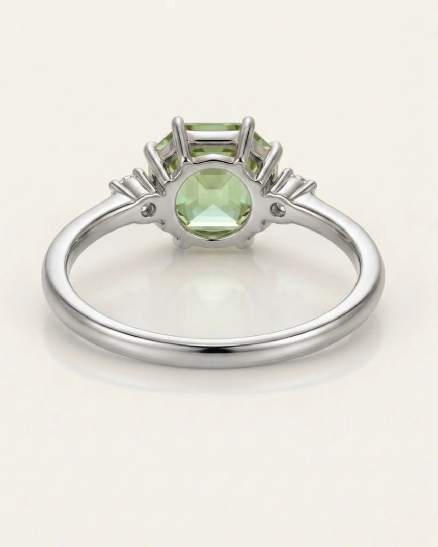 Green Asscher cut tourmaline ring with natural diamond side stones in platinum | SARATTI
