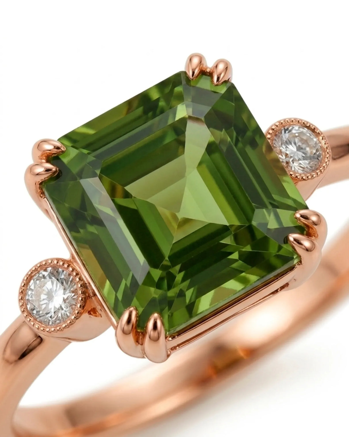 Green Asscher cut tourmaline ring with round diamond side stones in 18K rose gold | SARATTI