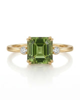 Green Asscher cut tourmaline ring with round diamond side stones in 18K yellow gold | SARATTI