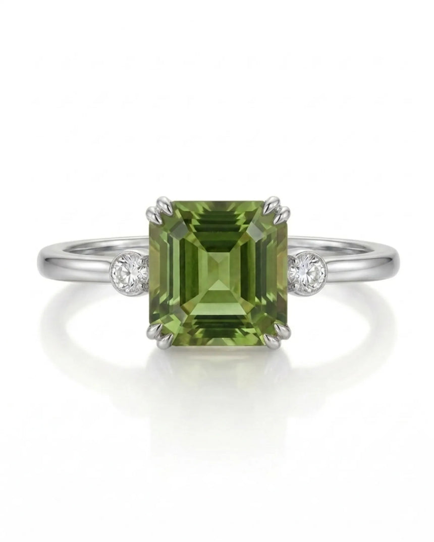 Green Asscher cut tourmaline ring with round diamond side stones in platinum | SARATTI