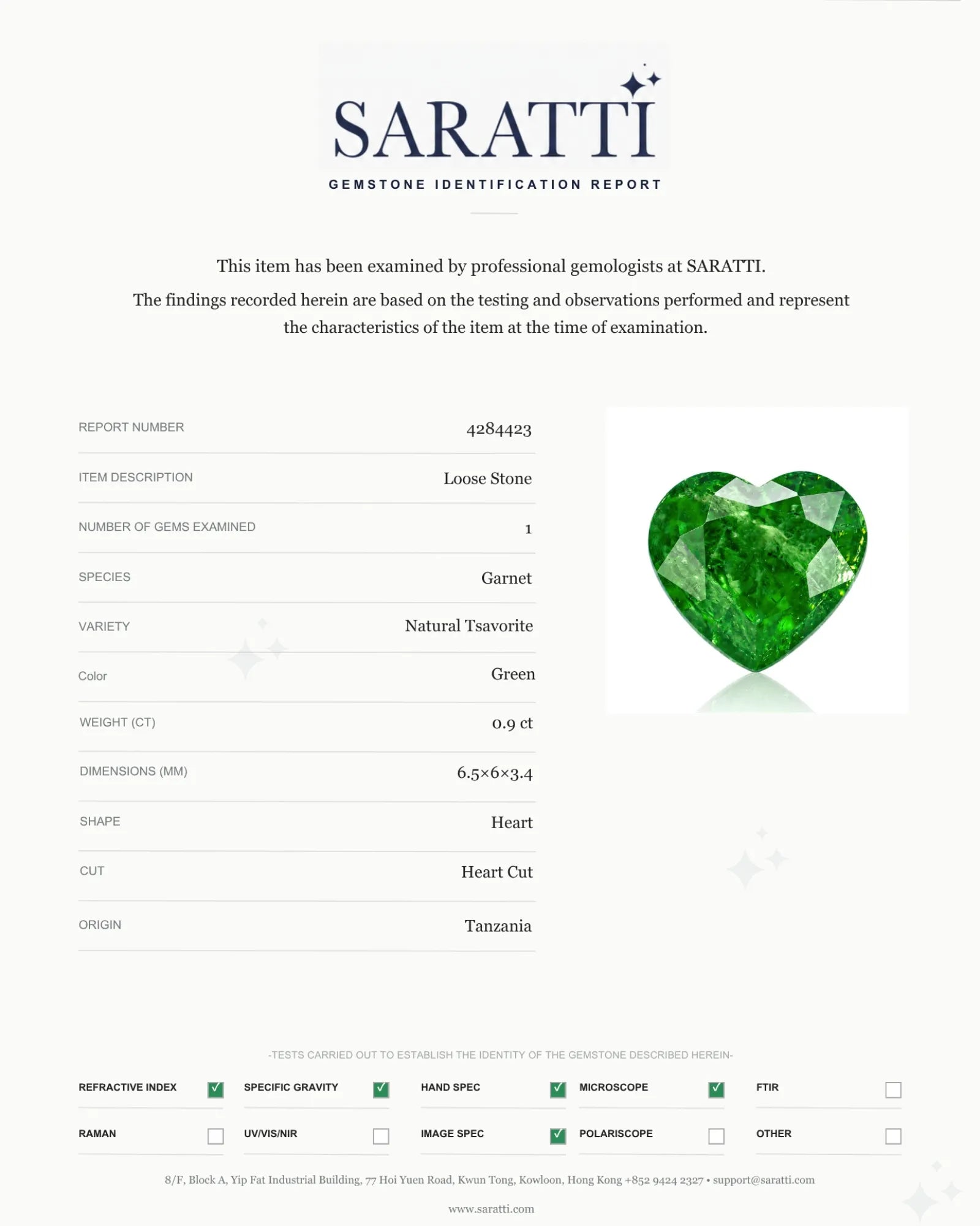 Green heart-cut Natural Tsavorite Garnet facet detail | SARATTI