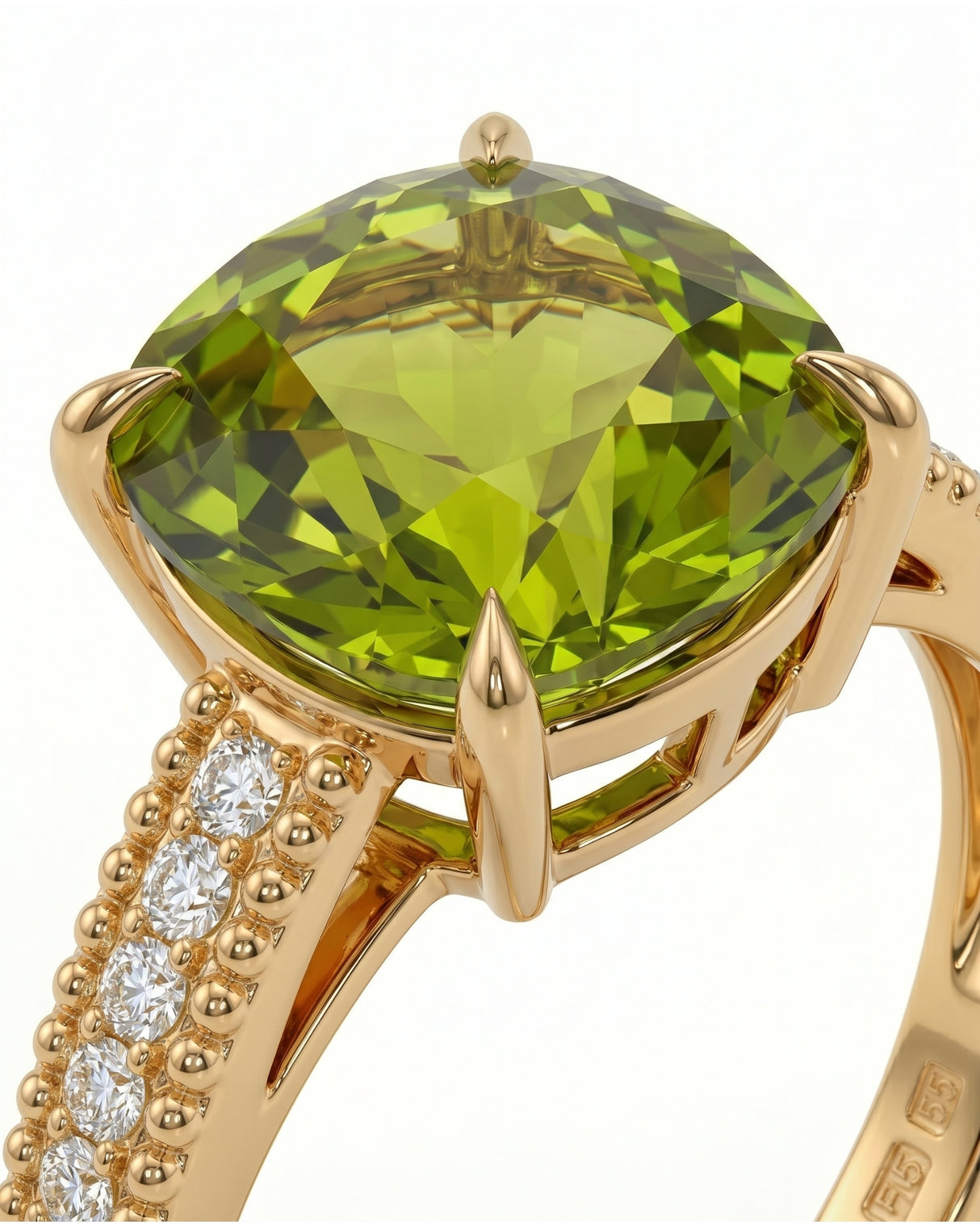 Green tourmaline engagement ring with diamond shoulders in elegant 18K Yellow Gold | SARATTI