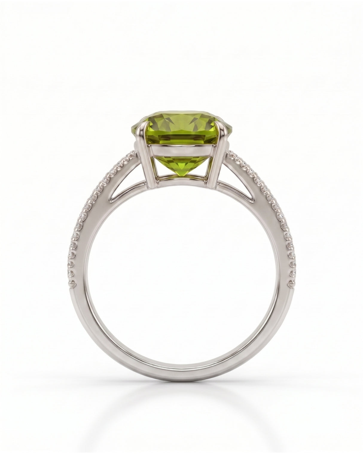 Green tourmaline engagement ring with diamond shoulders in refined Platinum | SARATTI
